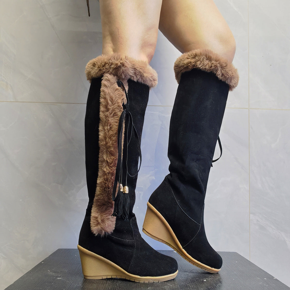 Women's black winter wedge knight boots with ribbon detail