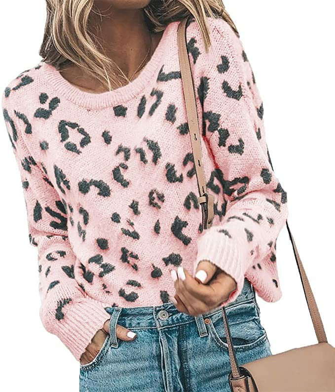 Women's leopard print knit sweater in white pink and gray
