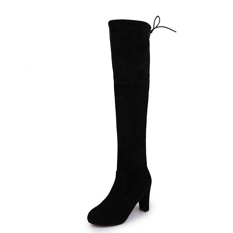 Black knee high thick heel boots for women
