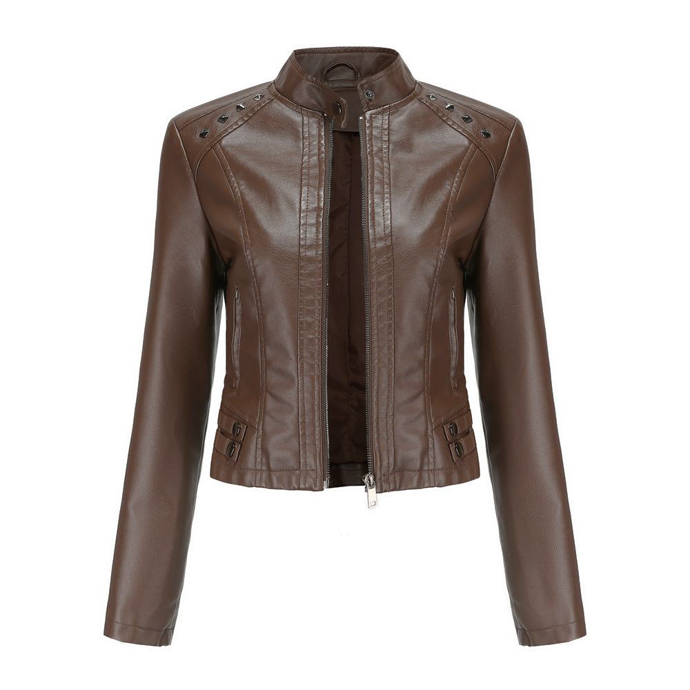 Women's studded faux leather short jacket with zip front