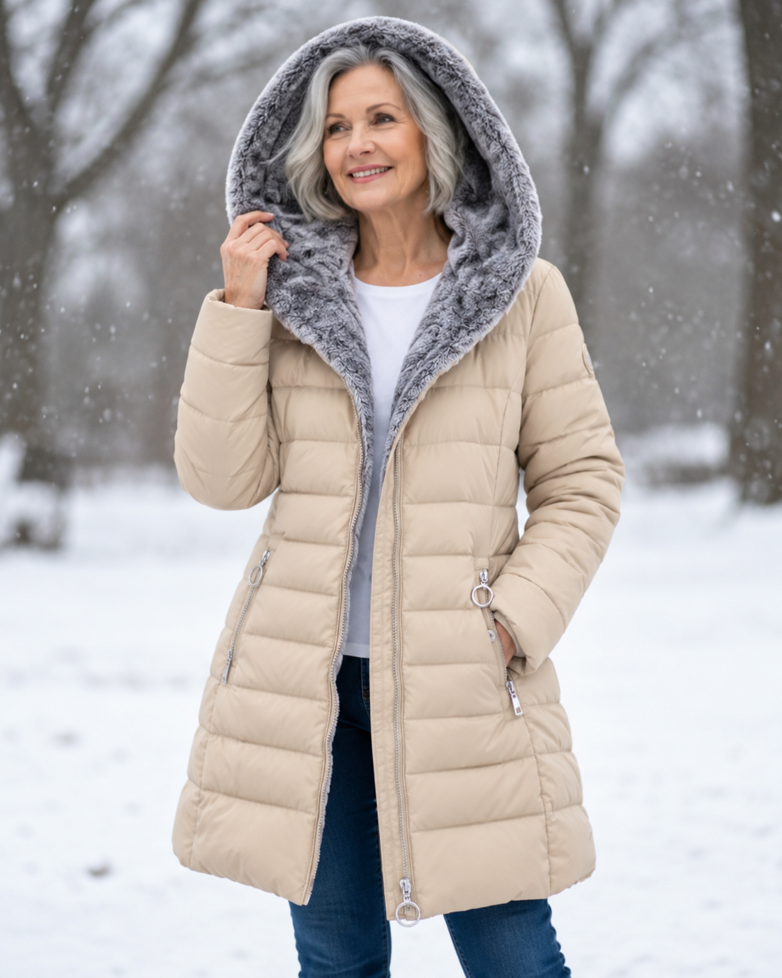 Woman wearing quilted winter coat with hood outdoors