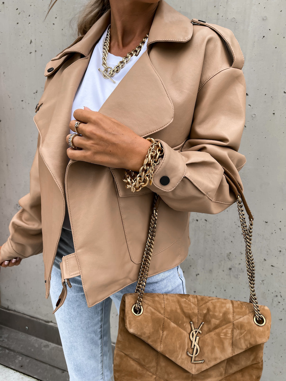 Women's loose lapel PU leather jacket front view