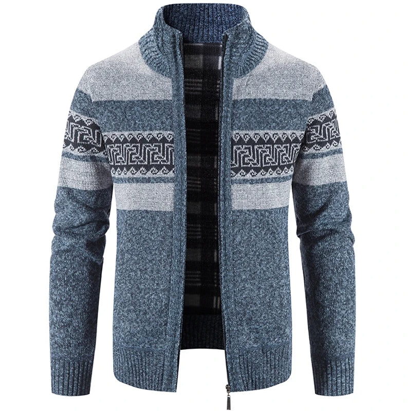 Men's patterned knit cardigan with stand collar and zip - blue-grey