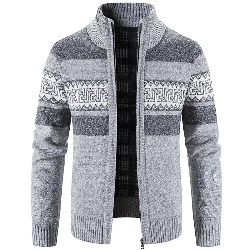 Men's patterned knit cardigan with stand collar and zip - light grey