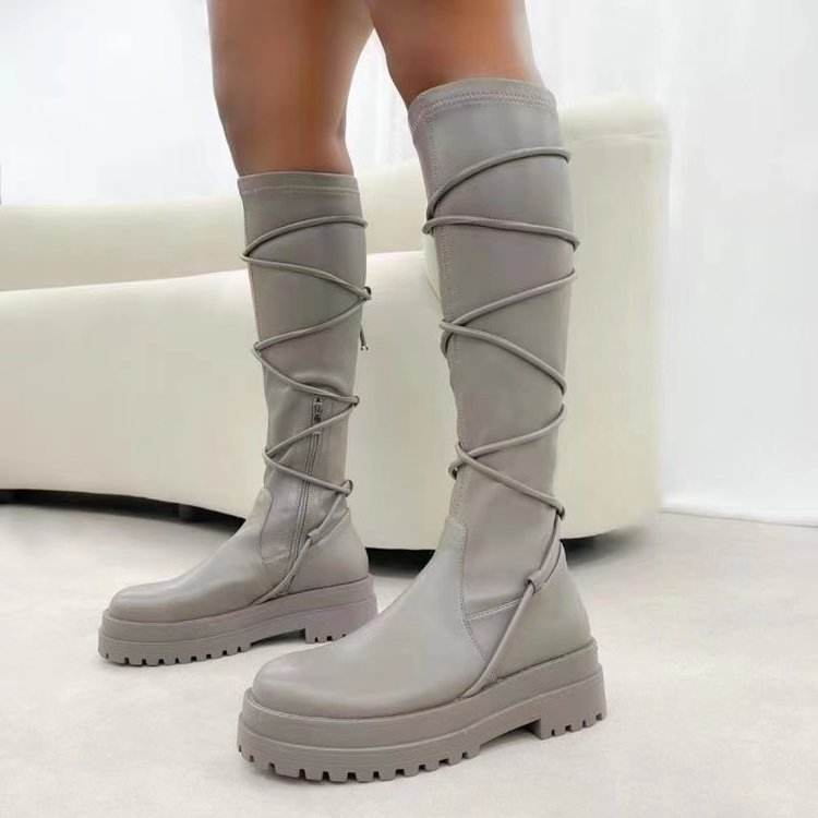 Women's lace-up platform cowboy boots with chunky heel
