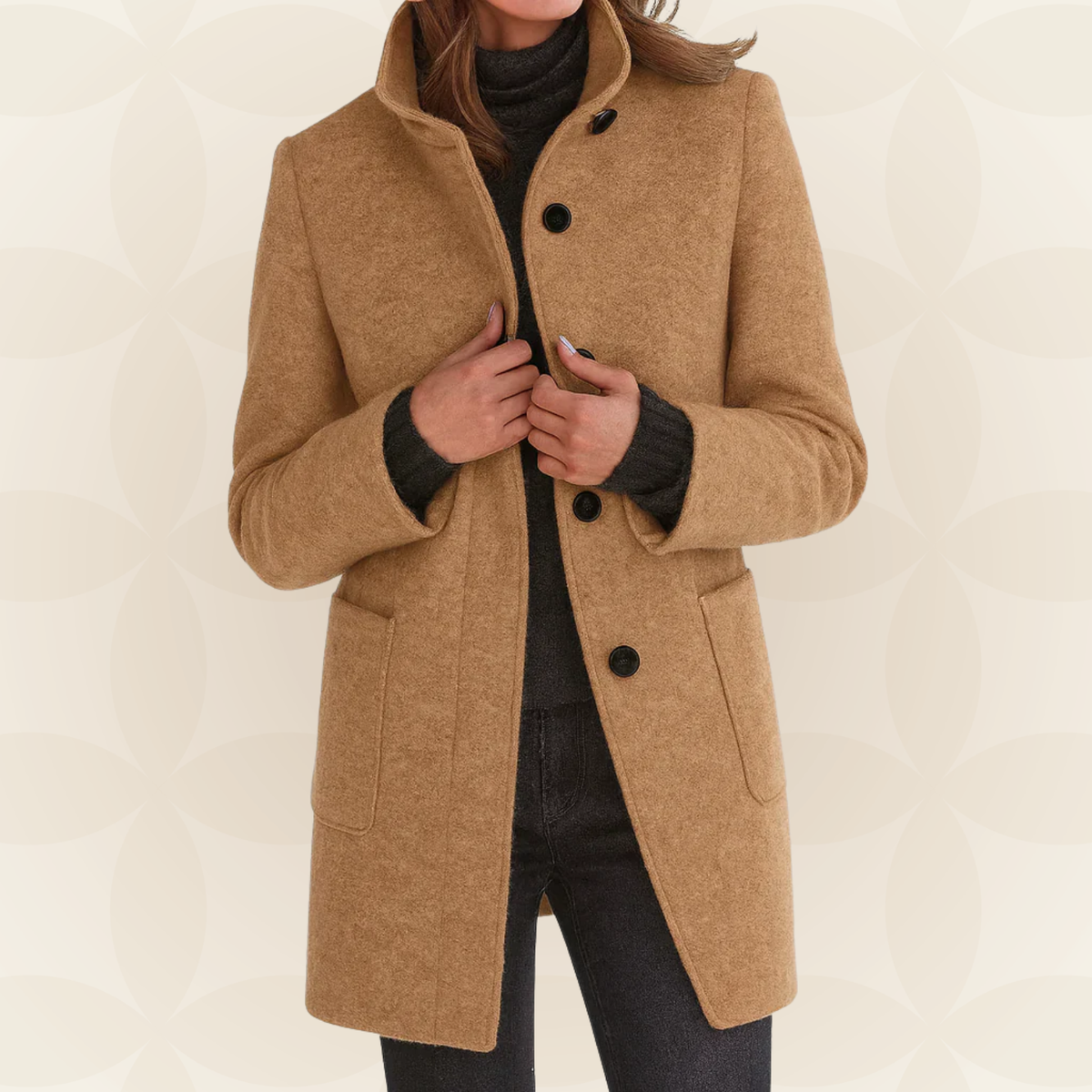 Woman wearing a straight coat with high collar and buttons