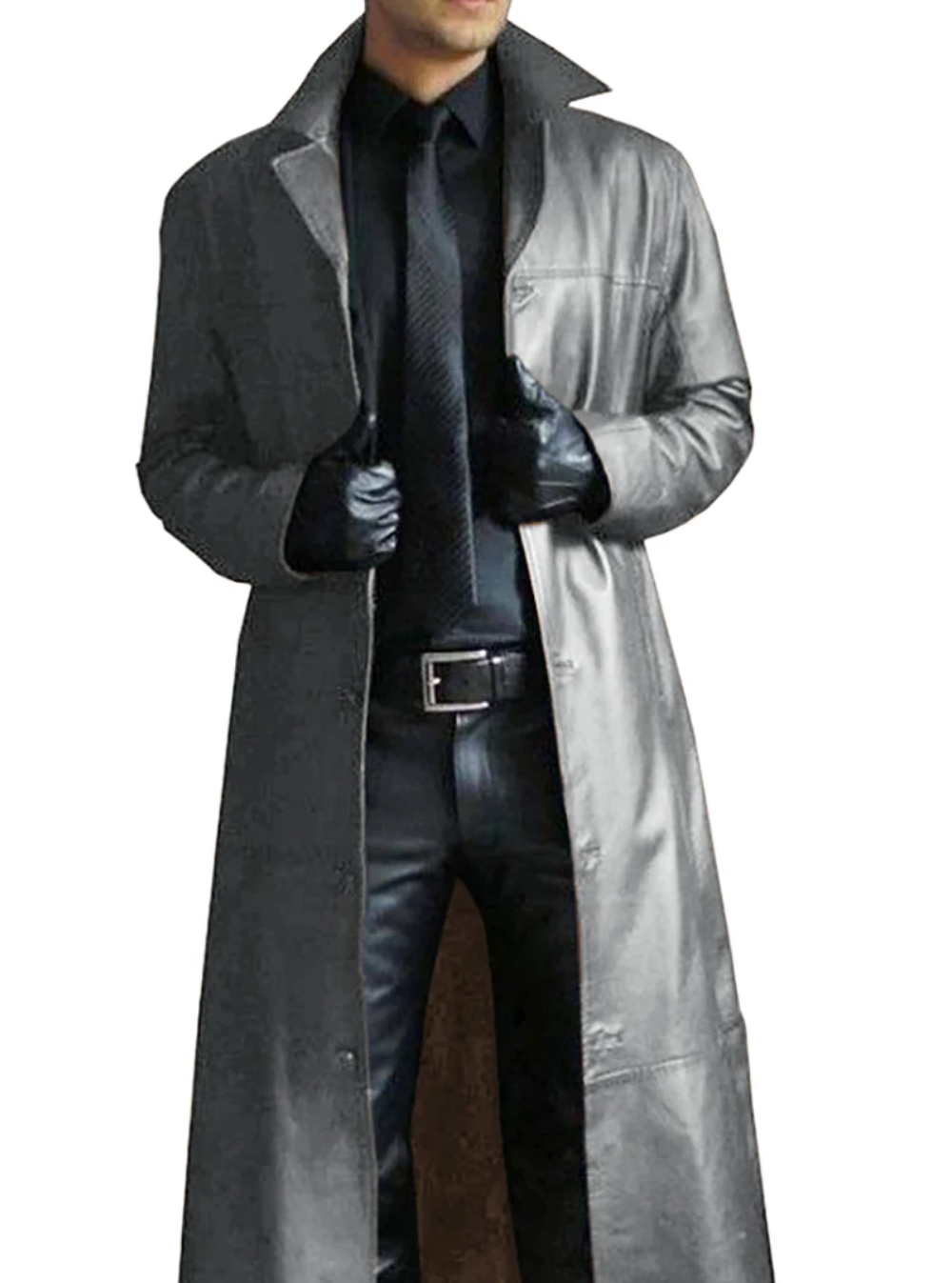 Long leather coat for men with notch lapel