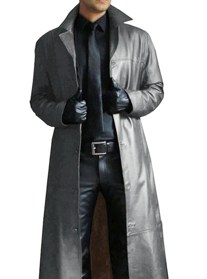 Long leather coat for men with notch lapel