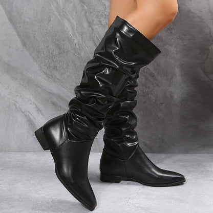 Women's tall boots in black and white with low heel
