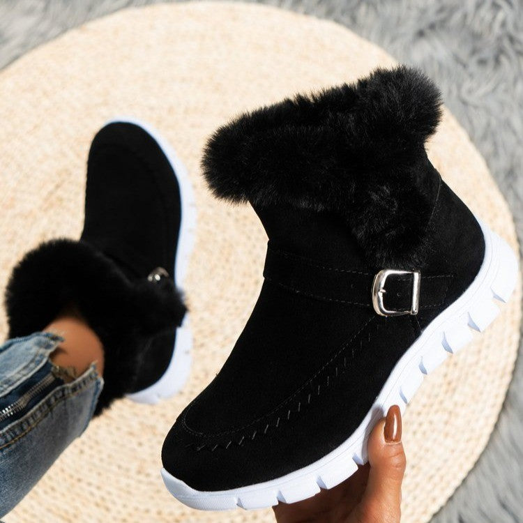 Women's flat plush lined ankle boots with buckle