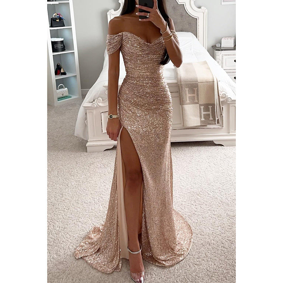Woman in off-shoulder split party dress, solid color