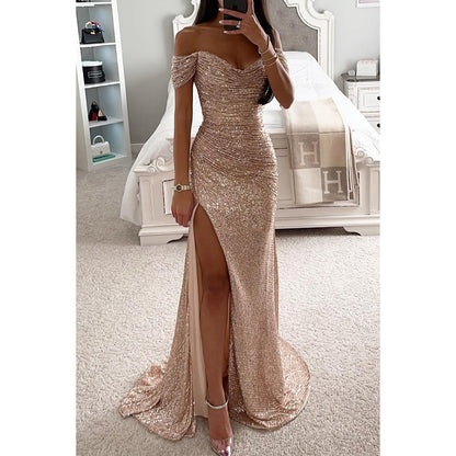 Woman in off-shoulder split party dress, solid color