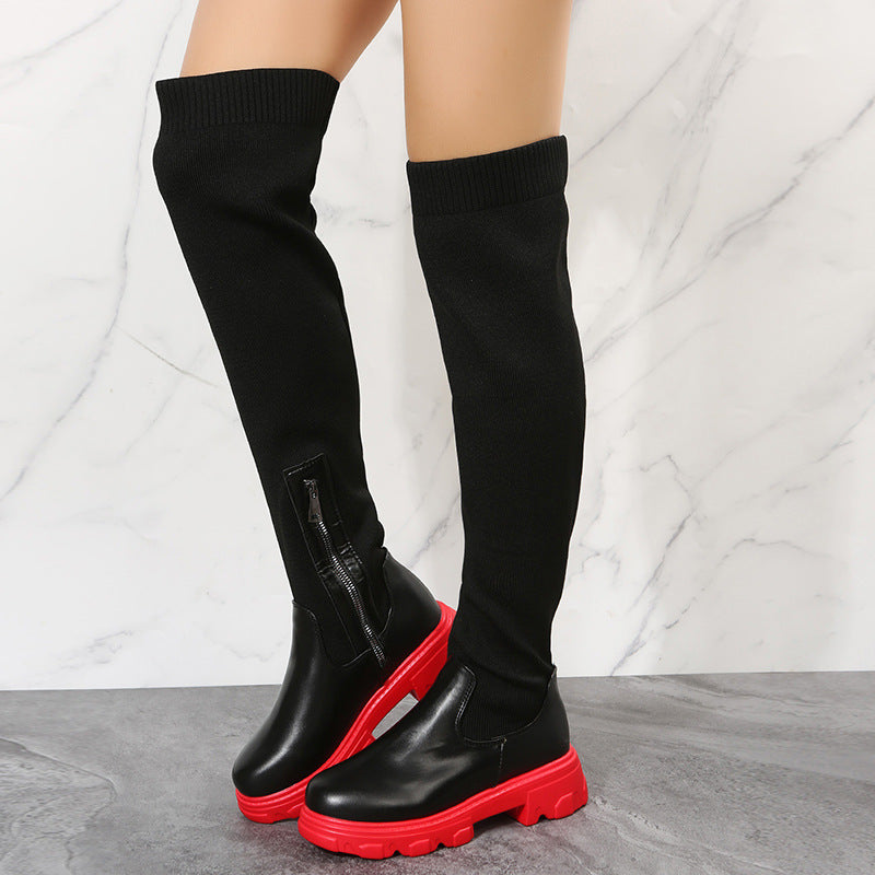 Women's knee high boots with side zipper and square heel