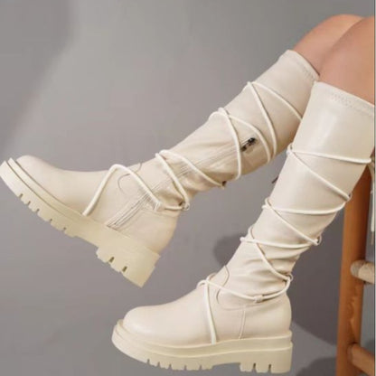 Women's lace-up platform cowboy boots with chunky heel