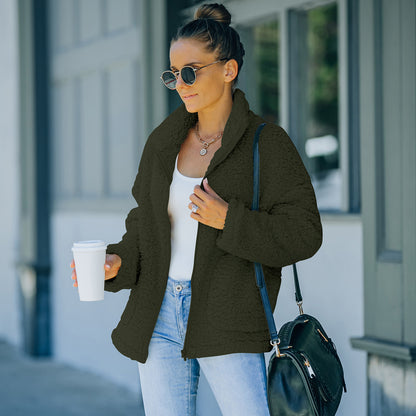 Women's plush basic jacket in army green, khaki and apricot