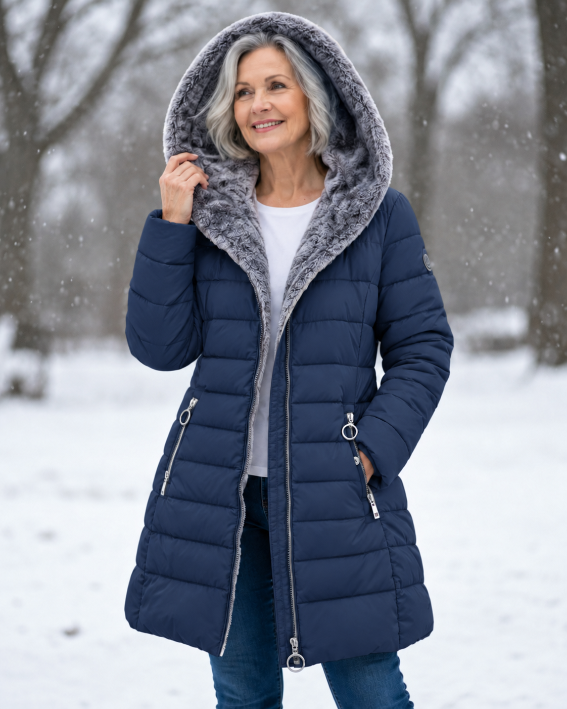 Woman wearing quilted winter coat with hood outdoors