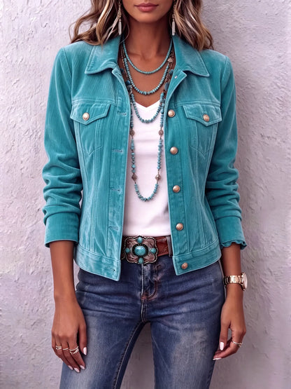 Woman wearing vintage wash button front jacket