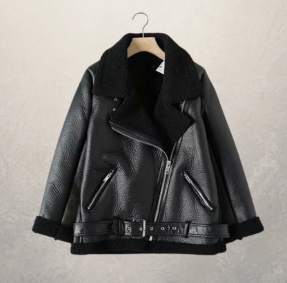 Women's motorcycle jacket with polo collar, front view