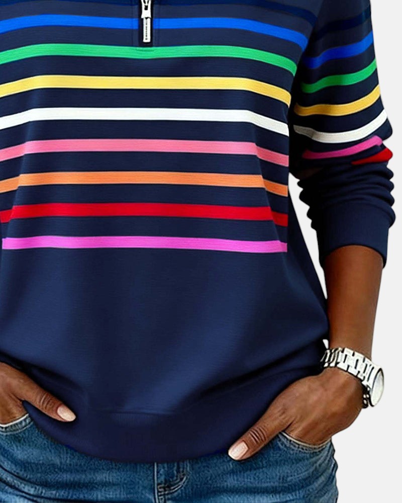 Women's rainbow striped half zip sweatshirt with stand-up collar