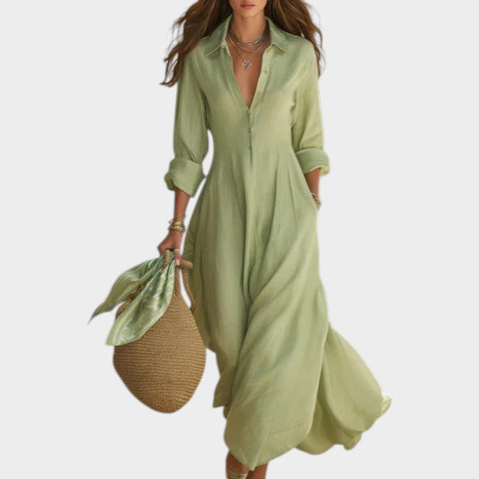 Woman wearing button front maxi dress with long sleeves