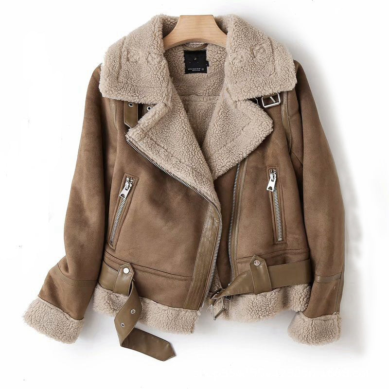 Women's suede lapel motorcycle jacket in black