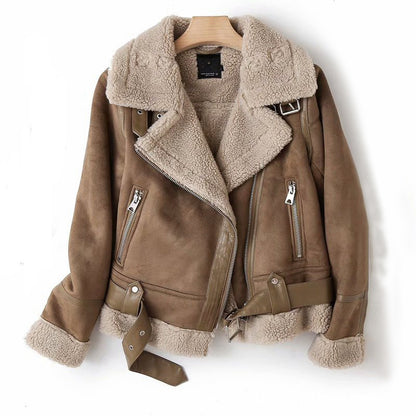 Women's suede lapel motorcycle jacket in black