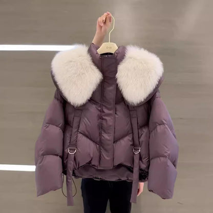 Women's padded winter coat with fur collar in black
