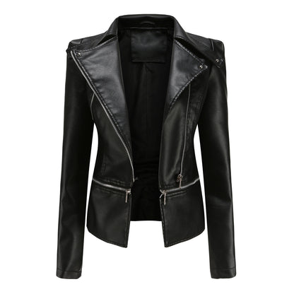 Woman wearing slim fit motorcycle faux leather jacket
