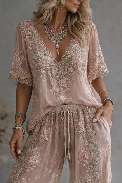 Floral embroidered two piece set with V-neck top
