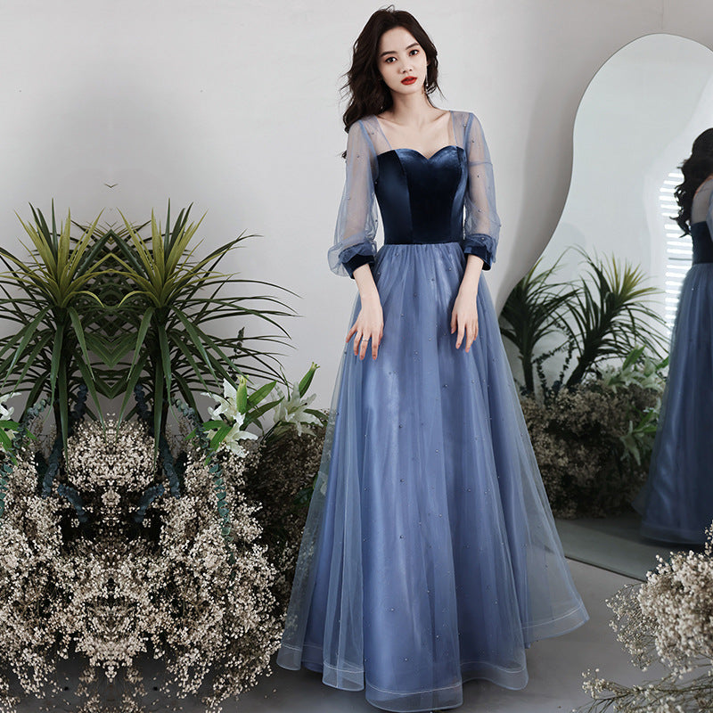 Light blue long A-line party dress with bandage detail