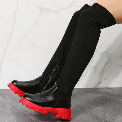 Women's knee high boots with side zipper and square heel