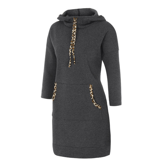 Woman wearing solid color cotton hooded sweatshirt with full hood