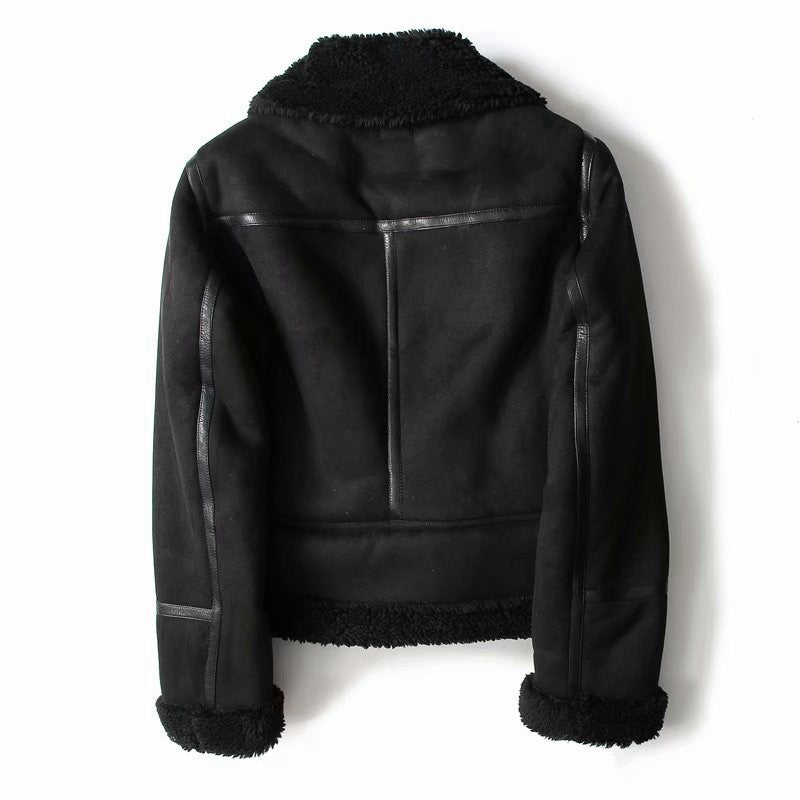 Women's suede lapel motorcycle jacket in black