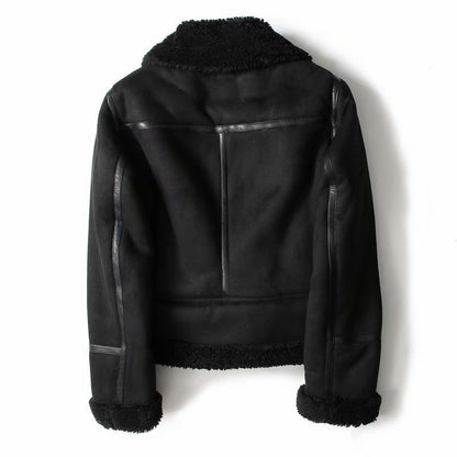 Women's suede lapel motorcycle jacket in black