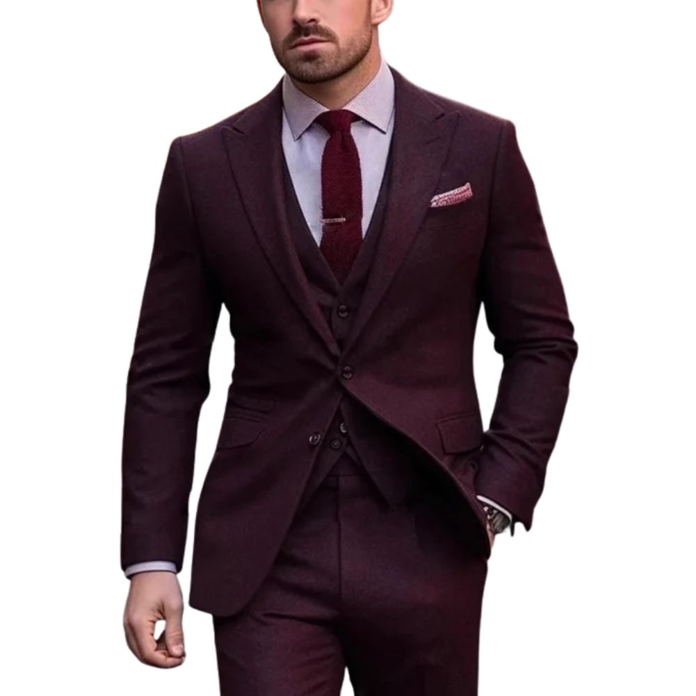 Men's slim fit three piece formal suit - red wine