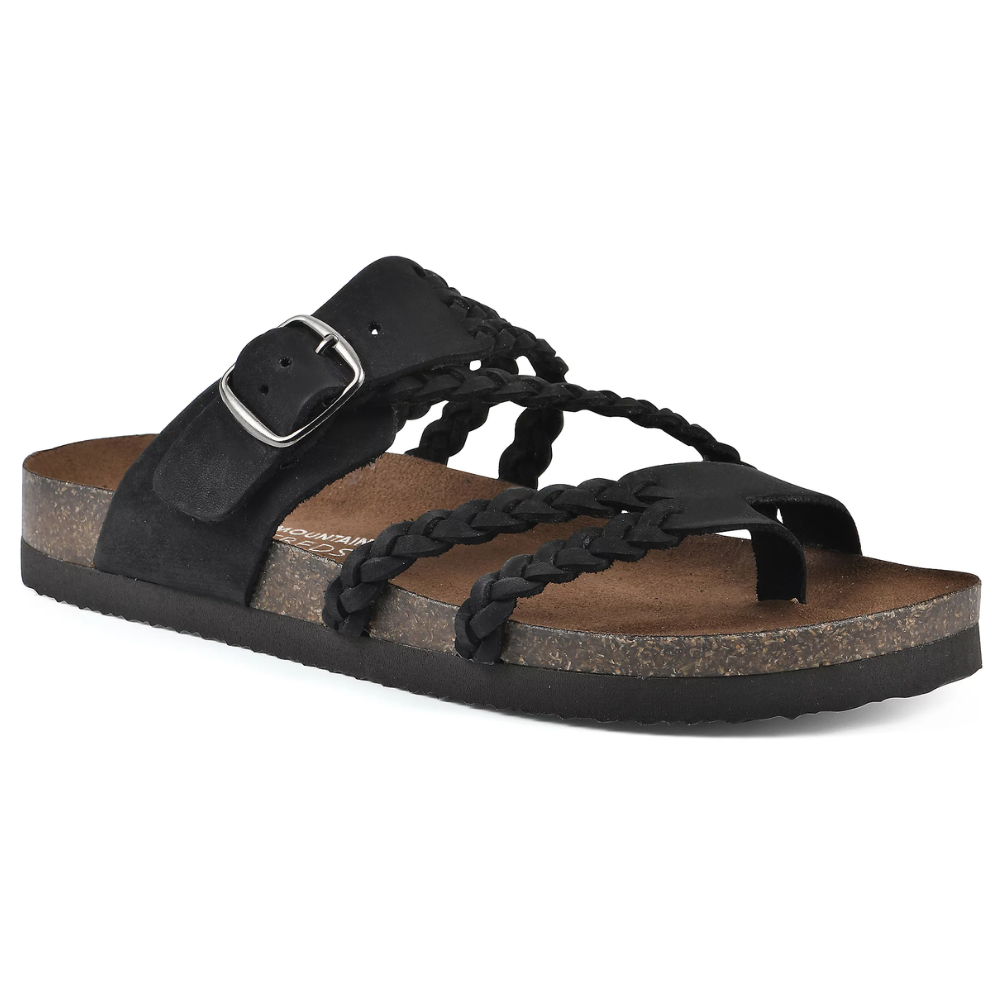 Women's braided buckle cork flat sandals - black