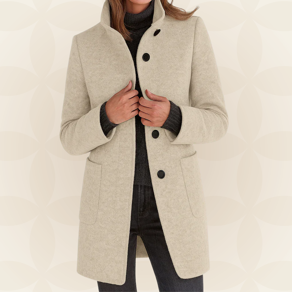 Woman wearing a straight coat with high collar and buttons