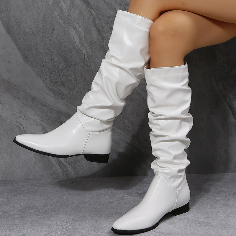 Women's tall boots in black and white with low heel