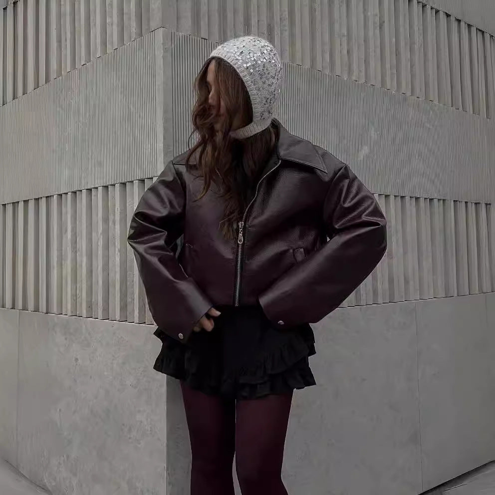Women's burgundy faux leather zip jacket with lapel collar