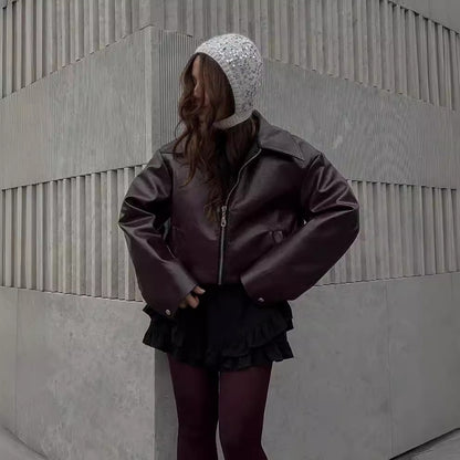 Women's burgundy faux leather zip jacket with lapel collar