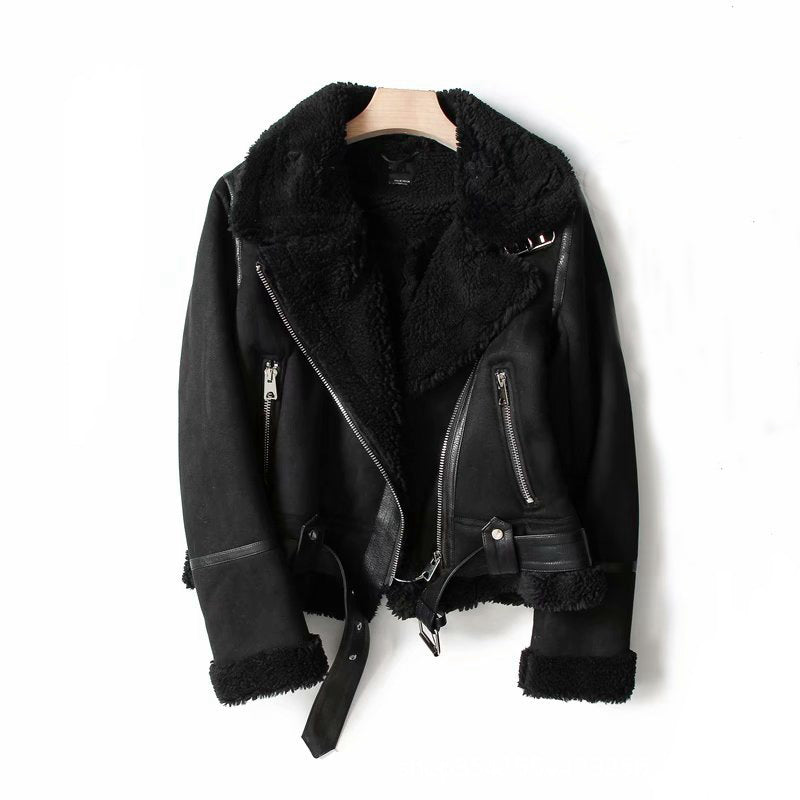 Women's suede lapel motorcycle jacket in black