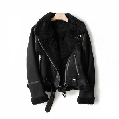 Women's suede lapel motorcycle jacket in black