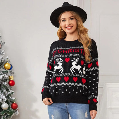 Women's white elk print Christmas knit sweater