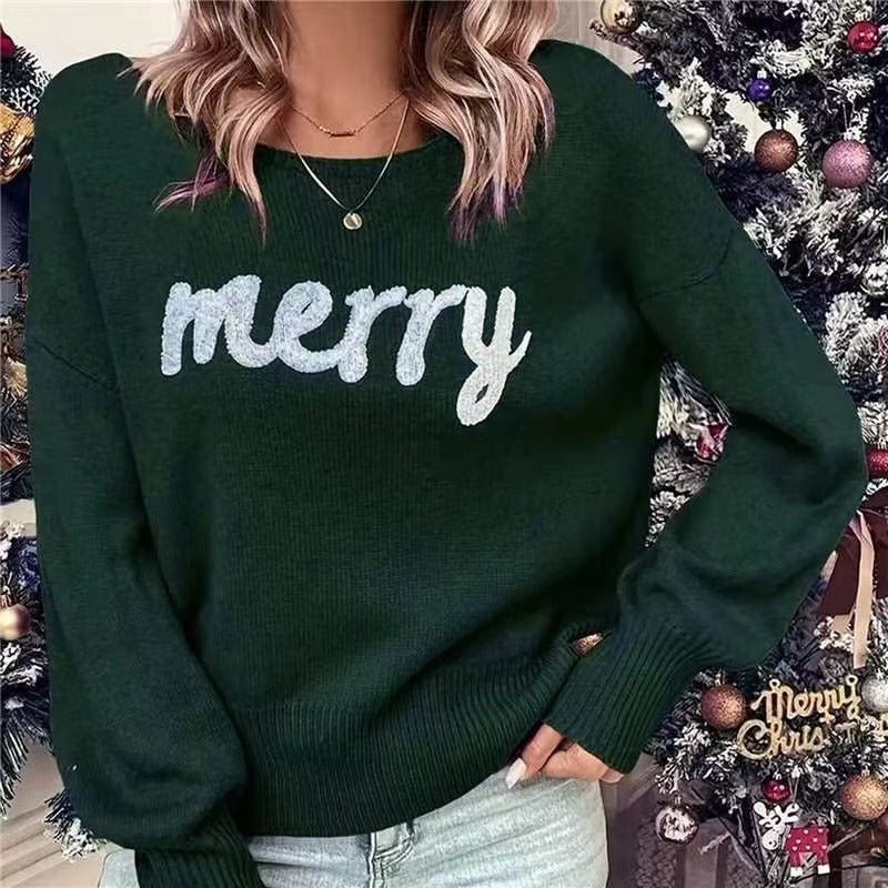 Woman wearing loose knit crew neck pullover sweater
