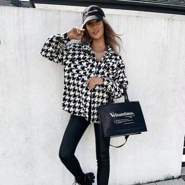 Women's black and white grid check winter shirt jacket