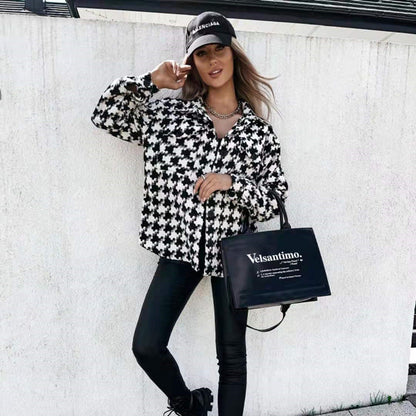 Women's black and white grid check winter shirt jacket