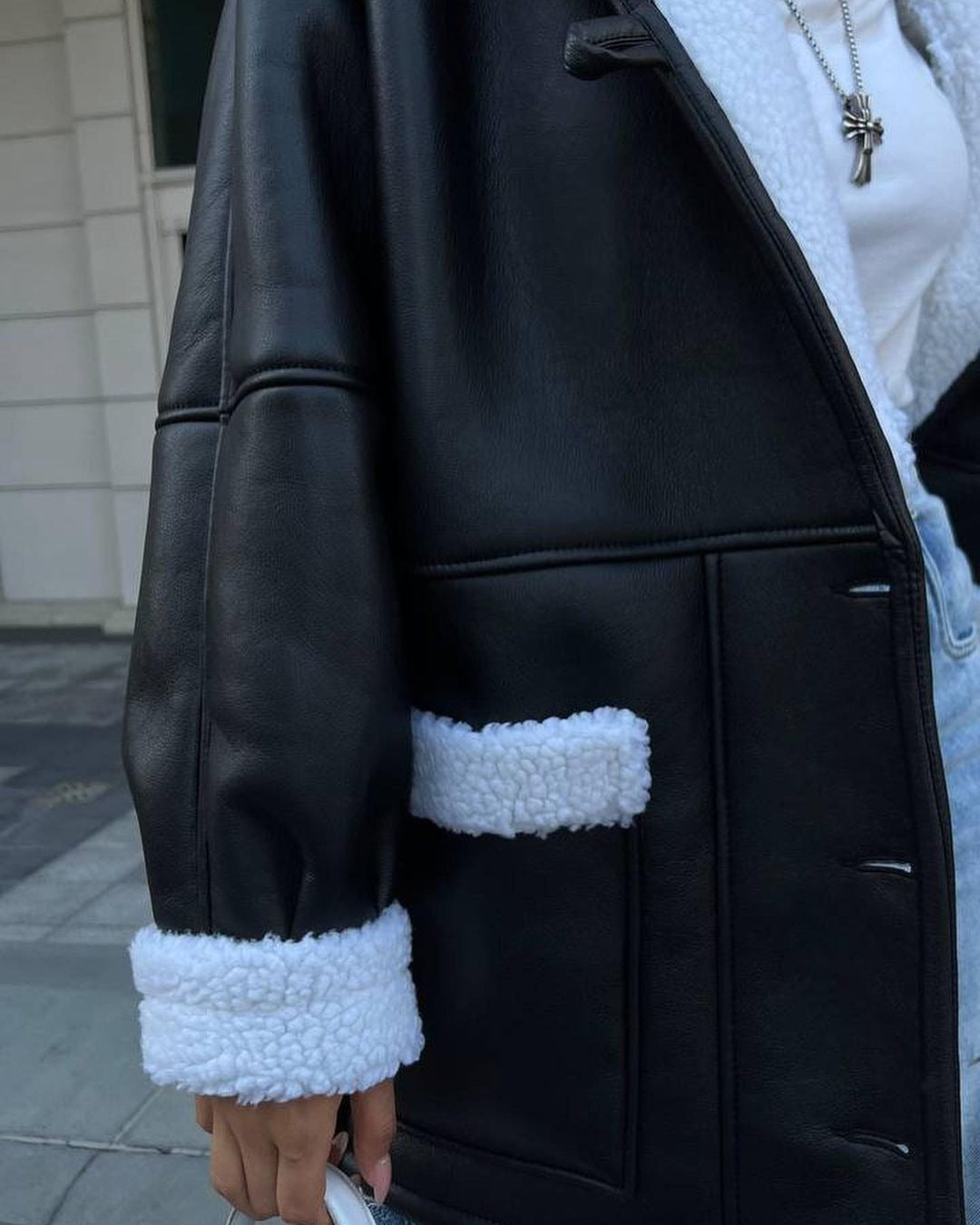 Women's loose faux leather long sleeve coat with pockets