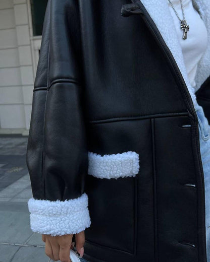Women's loose faux leather long sleeve coat with pockets