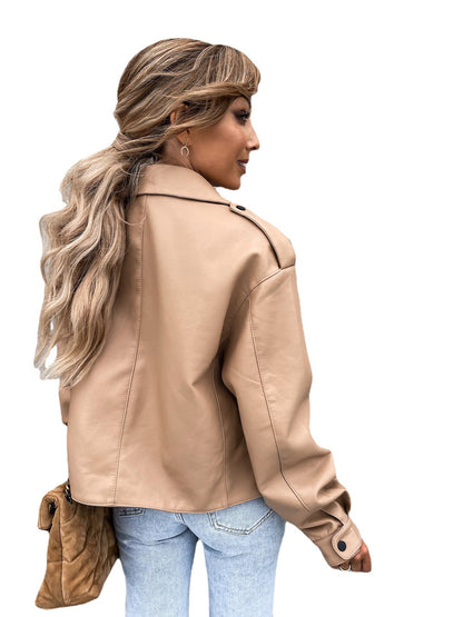 Women's loose lapel PU leather jacket front view