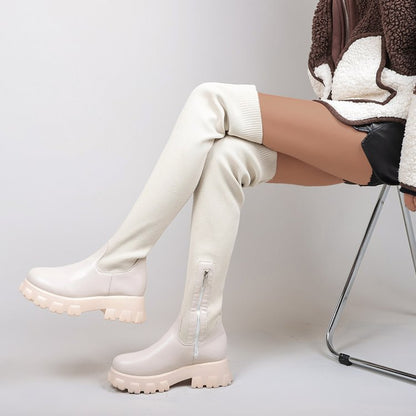 Women's knee high boots with side zipper and square heel